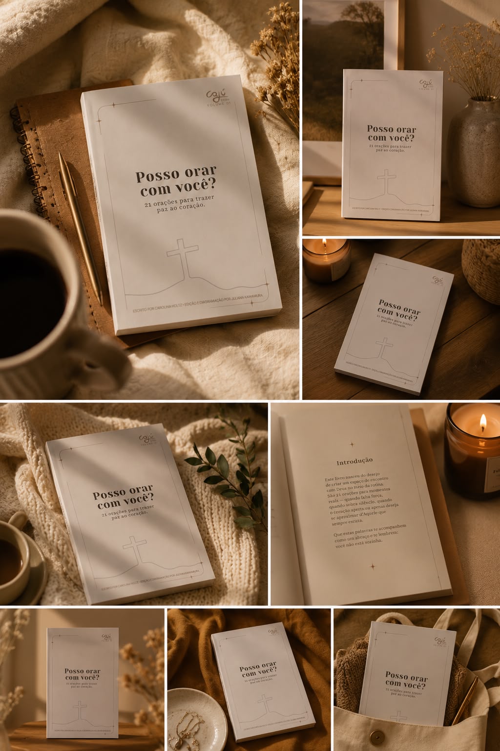 Mosaico de fotos do e-book em ambientes acolhedores, com velas, café e tecidos